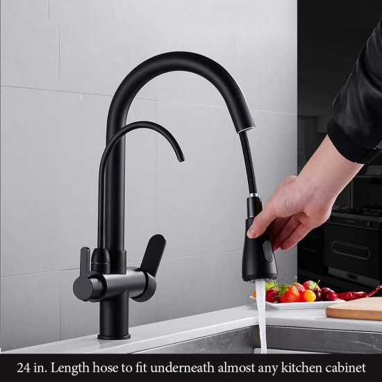 Kitchen Sink Faucets with Pull Down Sprayer, Drinking Water Faucet, Modern Dual Handle 3-in-1 High Arc Water Filter Purifier Faucet for Reverse Osmosis or Water Filtration System Matte Black