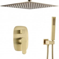 Bath Shower Set, Luxury Concealed Gold Brushed Brass Bath Shower System Included 12 Inch Rainfall Shower Head, Handheld Shower and Shower Mixer Valve