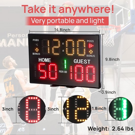 Basketball Digital Scoreboard with Remote,Battery Powered Portable Tabletop Electronic Scoreboard with 75dB Buzzer,Countdown Timer & Score for Games