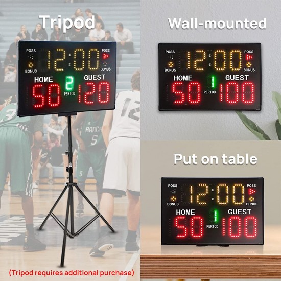 Basketball Digital Scoreboard with Remote,Battery Powered Portable Tabletop Electronic Scoreboard with 75dB Buzzer,Countdown Timer & Score for Games