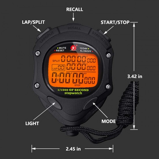 Stopwatch Timer with Back Light Stop Watch 0.001second Timing 100 Lap Memory, Large dispaly Alarm Clock for Coach Sports Swimming Running Marathon Competition