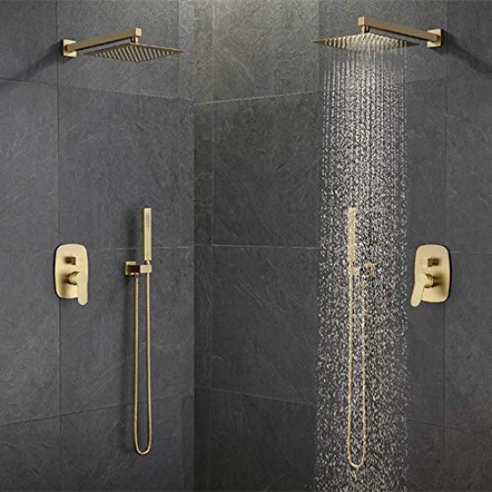 Brushed Gold Brass Shower Faucet Bathroom Rain Mixer Combo Set,10 Inch Brass Rainfall Shower Head Wall Mount System,Contain Rough-in Shower Valve Body and Trim