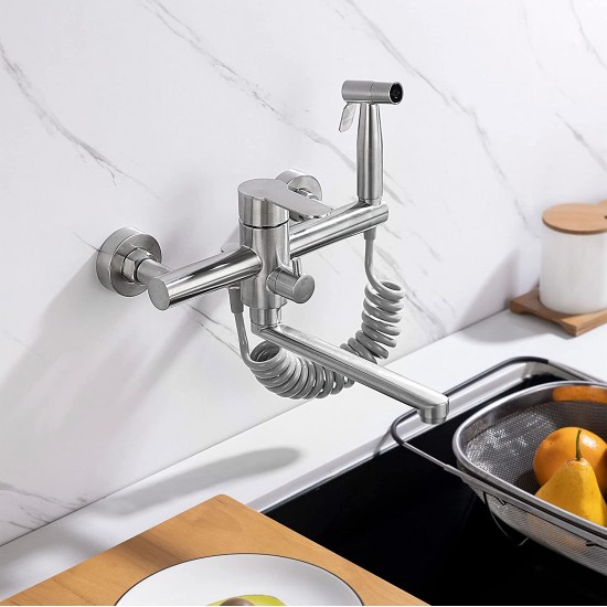 Stainless Steel Kitchen Sink Faucet, Wall Mount Faucet with Side Sprayer, Nickel Brushed Commercial Faucet, 5.5-6.3 Inches Center, Lead-Free, No Drilling Required, Spout Reach 9.2"