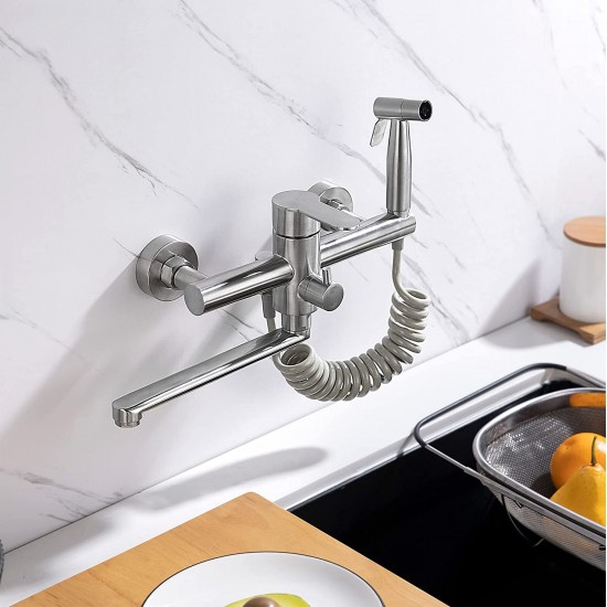 Stainless Steel Kitchen Sink Faucet, Wall Mount Faucet with Side Sprayer, Nickel Brushed, Spout Reach 9.2"