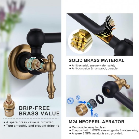 Pot Filler Faucet Over Stove, Solid Brass Pot Filler Wall Mount Commercial Kitchen Sink Pot Filler Copper Folding Faucet, with Stretchable Double Joint Swing Arm, Black and Gold