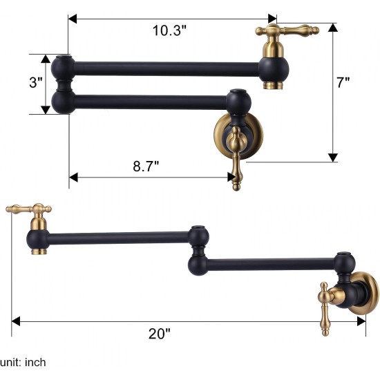 Pot Filler Faucet Over Stove, Solid Brass Pot Filler Wall Mount Commercial Kitchen Sink Pot Filler Copper Folding Faucet, with Stretchable Double Joint Swing Arm, Black and Gold