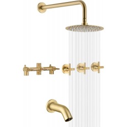 3 Handle Tub Shower Faucet Set with Waterfall Tub Spout and 3-Cross Handles, Wall Mounted Rainfall Bathtub Shower Faucet Brushed Gold