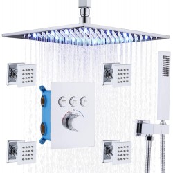 Rain Shower System Concealed Chrome Thermostatic Shower Mixer Set 12 Inch Ceiling Mounted Led Rainfall Shower System with Body Jets, Can Run Simultaneously