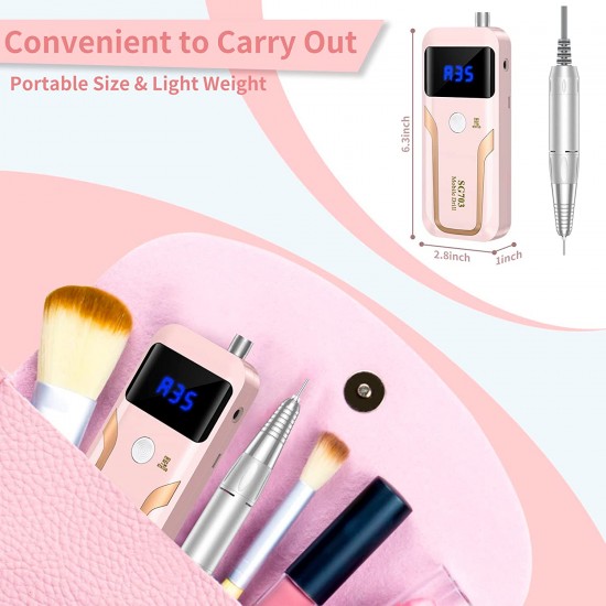 Portable Nail Drill Professional 35000 RPM, Rechargeable Electric Nail File Machine File for Acrylic Nails Gel Polishing Removing, Cordless File with Bits Kit for Manicure Salon Home, Pink