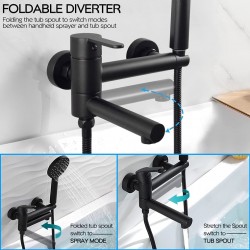 Matte Black Wall Mount Bathtub Faucet with Hand Shower, Tub Shower Faucet with Lengthened Folding Spout