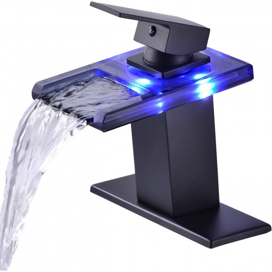 LED Waterfall Bathroom Faucet Single Handle Single Hole, 3 Colors Changing Temperature Sensitiv, Waterfall Glass Spout Basin Faucet, Brass Body Cold and Hot Water Mixer Sink Tap (Matte Black)