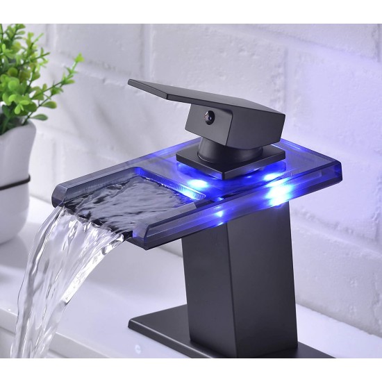 Bathroom Basin Faucet  Waterfall Color Changing Square Glass Spout Mixer Tap 