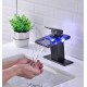 LED Waterfall Bathroom Faucet Single Handle Single Hole, 3 Colors Changing Temperature Sensitiv, Waterfall Glass Spout Basin Faucet, Brass Body Cold and Hot Water Mixer Sink Tap (Matte Black)