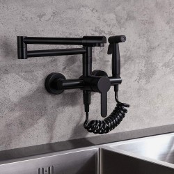 Pot Filler Kitchen Sink Faucet with Sprayer, Single Handle Retractable Wall-Mount Solid Brass Faucet with Swing arm in Matte Black