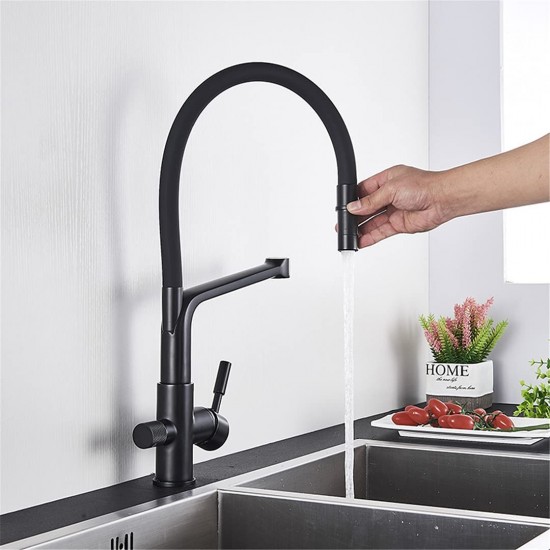 3 in 1 Water Filter Purifier Kitchen Sink Tap 3 Way Kitchen Taps with Pull Out Sprayer 360 Degree Swivel Spout Matte Black