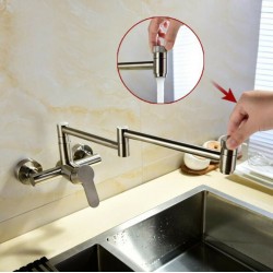 Commercial Wall Mounted Pot Filler Faucet,Folding Stretchable Swing Arm 1-Handle Kitchen Sink Faucet,Brushed Nickel