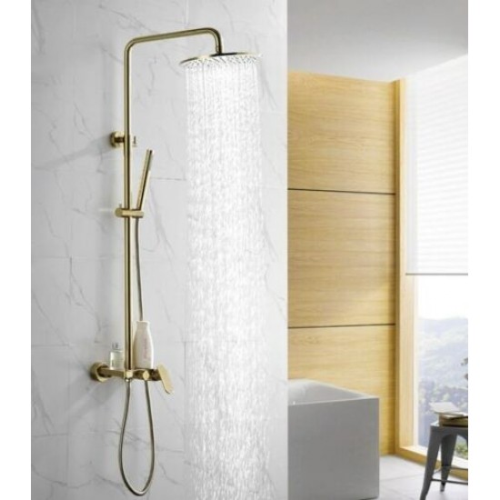 Brushed Gold Solid Brass Bathroom Shower Set Rainfall 8 inch Shower Head Mixer