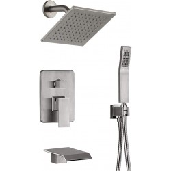 Tub Shower Faucet Set Brushed Nickel Shower System Rain Shower Head Handheld Shower Waterfall Bathtub Spout Included 3 Function BRASS Shower Fixtures with Valve (Nickel Brushed)