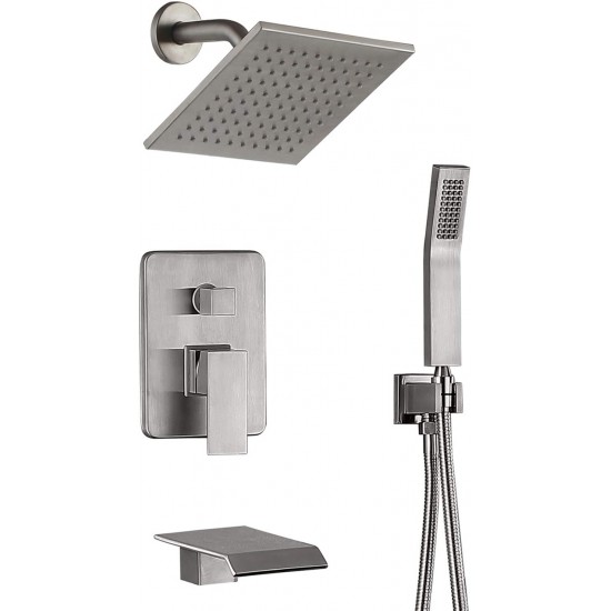 Bathtub Shower System Brushed Nickel Shower Fixtures 8 Inch Rain Mixer Shower Faucet Combo With Waterfall Shower and Tub Faucet set Complete