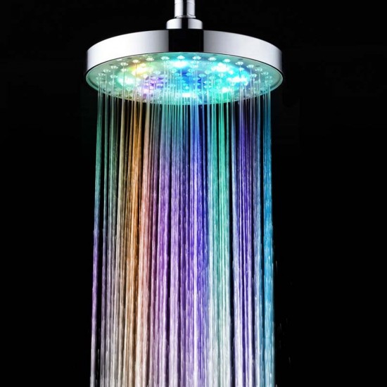 Automatic Changing LED Overhead Shower Head Water 8" Inch Round Bathroom LED Light Rain Top Shower Head 7 Colors Glow Chrome Finish