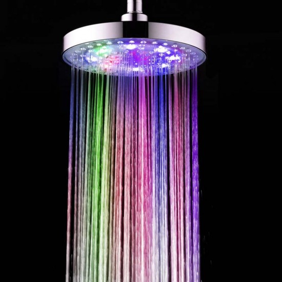 Automatic Changing LED Overhead Shower Head Water 8" Inch Round Bathroom LED Light Rain Top Shower Head 7 Colors Glow Chrome Finish