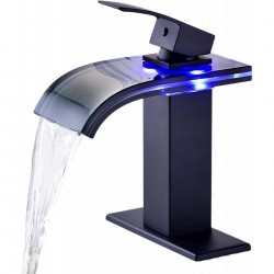 Black Bathroom Sink Faucet, LED Faucet, Glass Spout, Waterfall Bathroom Faucet with Single Hole