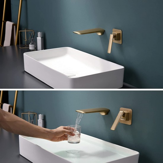 Wall Mount Faucet Bathroom Single Handle Sink Faucet Brushed Gold Waterfall Mixed Single Handle Brass