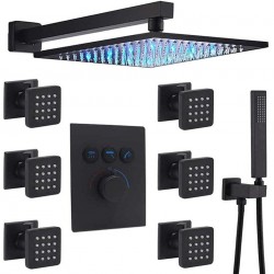 Shower System 12 Inch Wall Mount LED Rainfall Shower Heads System with 6pcs Body Jets and Shower Handheld system，Shower Faucet Fixture Set, Can Use All Options at A Time (Matte Black)