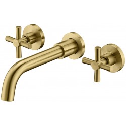 Brushed Brass Wall Mount Bathroom Faucet Two Cross Handles and Rough-in Valve Included