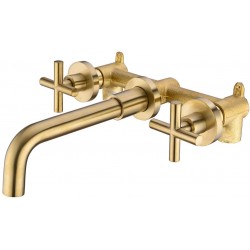 Brass Brushed Gold Bathroom Faucet, Two Handle Wall Mount Bathroom Sink Faucet with Rough-in Valve
