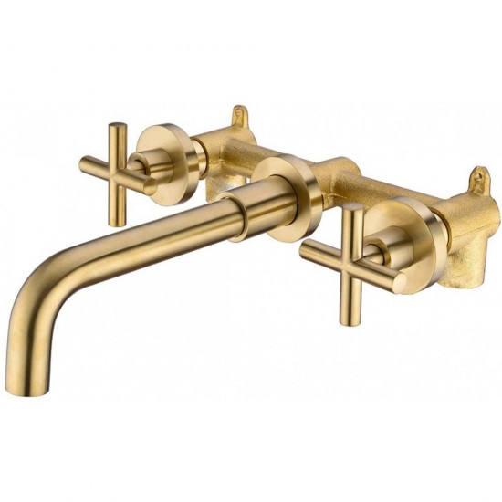 Double Cross Handle Wall Mount Brass Faucet Widespread Bathroom Basin Sink Mixer Tap, Brushed Gold