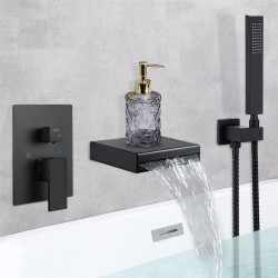 Matte Black Wall Mount Waterfall Tub Filler Spout with Hand-held Shower Single Handle Bathtub Shower Faucet Set Rough-in Valve Brass