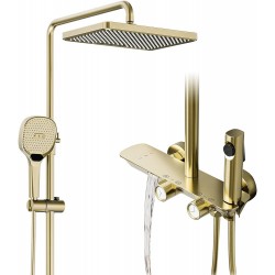 Shower System Thermostatic 4 Function Rotary Controller Wall Mounted Waterfall tub faucet Brushed gold