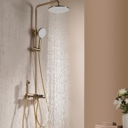 Shower System Thermostatic, 4 Function LED Digital Display Wall Mounted Shower Kit, with 10-inch Round Shower Head, Handheld Shower Head, Tub Waterfall Nozzle and Bidet Sprayer Brushed Gold