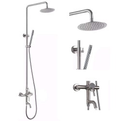Outdoor Shower Fixture SUS304 Stainless Steel Triple Function Brushed Nickel Wall Mounted Shower Faucet System Set with Hand Spray, 7.9" Rain Shower Head