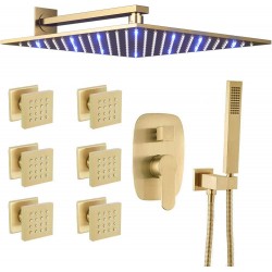 Shower System 12 Inch LED Square Rainfall Shower Head Bathroom Brushed Gold Brass Wall Mounted Shower Set With 6 PCS Body Spray Mixer Set