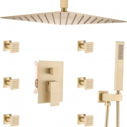 16 Inch Ceiling Rain Shower Head with Jets Shower Faucet Fixture Complete Set Brushed Gold