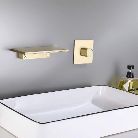 Modern Single Handle Wall Mounted Waterfall Bathroom Sink Faucet in Brushed Gold