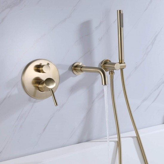 3 Hole Wall Mount Widespread Bathroom Waterfall Bathtub Faucet Mixer Taps with Hand Shower (Brushed Gold)