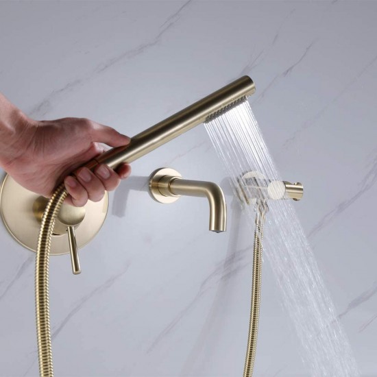 3 Hole Wall Mount Widespread Bathroom Waterfall Bathtub Faucet Mixer Taps with Hand Shower (Brushed Gold)