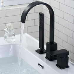 Modern Bathroom Sink Tub Faucet Deck-Mount Roman Bathtub Faucet Waterfall Tub filler with Handheld Shower Matte Black