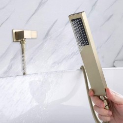 Bathtub Faucet Waterfall Spout Wall-Mount Tub Faucet with Handheld Shower with Hand Shower Solid Brass Wall Mount Tub Filler Faucet for Bathroom Brushed Gold