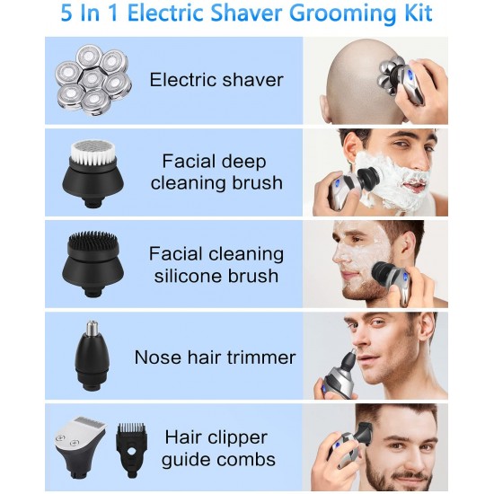 7D 5-in-1 Head Shavers for Bald Men with Nose Hair Sideburns Trimmer, Freedom Grooming Floating Head Razors for Bald Men Waterproof Wet & Dry, LED Display, Cordless, Rechargeable