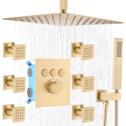 Thermostatic Brass Shower System with Body Jets Brushed Gold 16 Inch Ceiling Mount Rain Shower with Handheld Complete