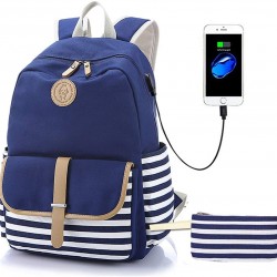 Canvas Backpack for Teen Girls, Lightweight Cute Striped School Bookbag with USB Charging Port&Pencil Case, Charging Backpack Set for Women College 15.6" Laptop Bag Travel Daypack, Blue