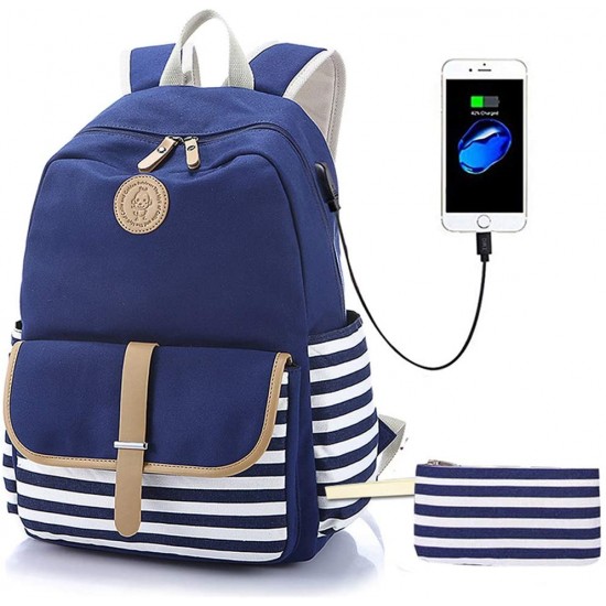 Lightweight Cute Striped School Bookbag with USB Charging Port&Pencil Case, Canvas Backpack for Teen Girls, Charging Backpack Set for Women College 15.6" Laptop Bag Travel Daypack, Blue