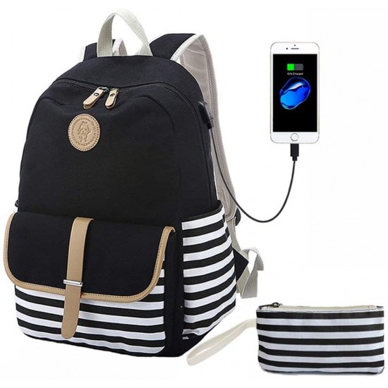 Lightweight Cute Striped School Bookbag with USB Charging Port&Pencil Case, Canvas Backpack for Teen Girls, Charging Backpack Set for Women College 15.6" Laptop Bag Travel Daypack, Blue