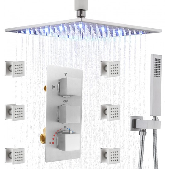 16 Inch LED Rain Shower Fixtures Thermostatic Multiple Shower Head System with Body Jets, Oil Rubbed Bronze Ceiling Mounted Brass Shower Faucet Combo