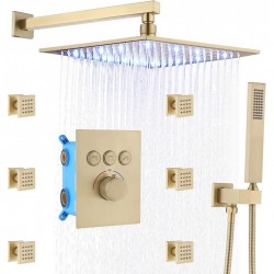 Wall Mount Brushed Gold Rainfall Shower Head System Thermostatic Shower Can Use All Faucets At Same Time,12 Inch LED Square Showerhead with Handheld and Multi Body Spray Jets Combo Complete Set