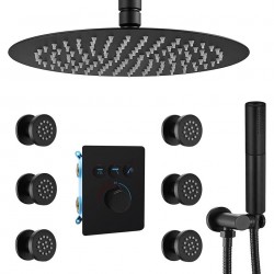 Matte Black Rain Shower System - 12 inch Ceiling Round Rainfall Faucet Set with Handheld and Body Spray Jets Combo, Thermostatic Mixing Valve Can Use All Shower Head At The Same Time